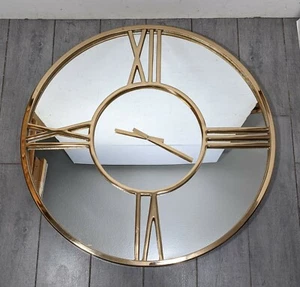 Round 30" Mirrored Wall Clock Mid Century Modern Art Deco Minimalist Style Brass - Picture 1 of 12