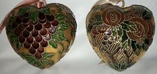 Stunning Pair Of Cloisonne Heart Ornaments Floral Wire Mesh And Solid Grapes