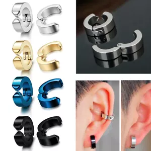 1Pair Mens Stainless Steel Ear Stud Hoop Non-Piercing Clip-on Earrings Punk US - Picture 1 of 11