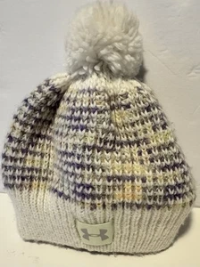Under Armour Knit Beanie Winter Women’s Hat Pom Pom Purple Yellow White Logo - Picture 1 of 7
