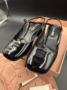 NWB Miu Miu Patent Leather Slingback Pumps Black Women’s Sz 40 Italy Designer - Picture 1 of 9