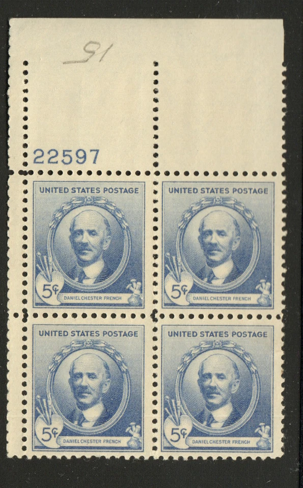 ALLY'S US Plate Block Scott #887 5c Daniel French [4] MNH w/pencil mark [Q-4a] - Image 1 of 1