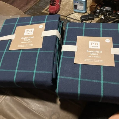 Pottery Barn Teen Blue Green Boxter Plaid Curtain Panels Blackout 52x108" 2Pc - Image 1 of 4