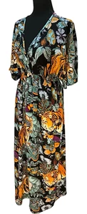 World Market Maxi Dress Size S/M Jungle Print V Neck Tiger Tropical Beach Cover - Picture 1 of 12