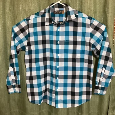 Retrofit Brand Mens Size L Button Down Long Sleeve Shirt Teal/Black/White Checks - Image 1 of 4