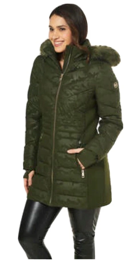 全新带标签 260 美元 Michael Kors 绿色豹纹 Puffer 夹克 尺寸 XS — 第 1/4 张图片