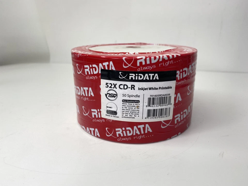 50 Pk Ridata Ritek 52X 80MIN 700MB Blank CD CDR Media White Inkjet Hub Printable - Image 1 of 4