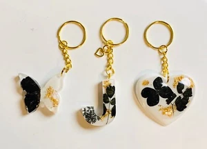 Black Floral/White Resin Keychain Letter/Heart/Butterflies - Picture 1 of 1