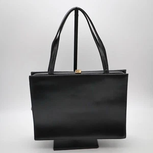 Vtg Dofan Black Leather Handbag Clutch Purse Gold-Tone Brass Accents France - Picture 1 of 10