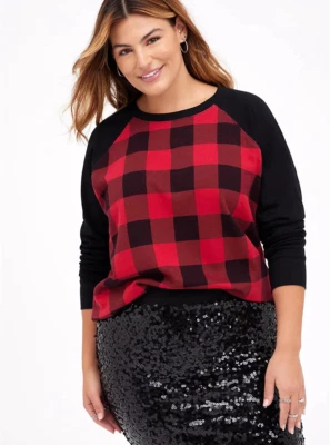 TORRID ( 0X ) 12/L  RED BLACK  Cozy Fleece Crew Raglan Sweatshirt Buffalo Plaid - Image 1 of 4
