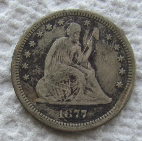 1877-CC  Seated Liberty Quarter Rare Date Carson City XF Detail Corroded Scratch Cover
