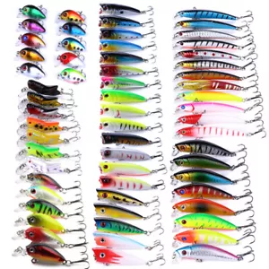 Lot de 62 pièces leurre de pêche mixte poisson criquet méné appât popper appât manivelle ensemble - Photo 1/12