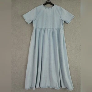 ASOS Denim Dress Women 6 Blue Midi Short Sleeve Flowy Keyhole Neck Cotton Modest - Picture 1 of 13