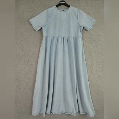 ASOS Denim Dress Women 6 Blue Midi Short Sleeve Flowy Keyhole Neck Cotton Modest - Image 1 of 4