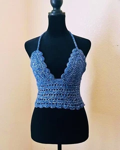 Handmade Crochet Blue Denim Color Crop Top - Picture 1 of 3