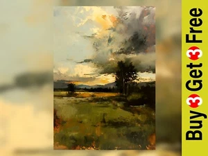 Golden Dusk Fields 5"x7" Print on Matte Paper | Dramatic Oil Landscape Art - Picture 1 of 18