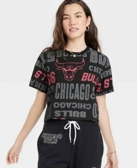 Chicago Bulls Crop Top  All Over Print AOP T Shirt Graphic NBA Spellout - Image 1 of 1