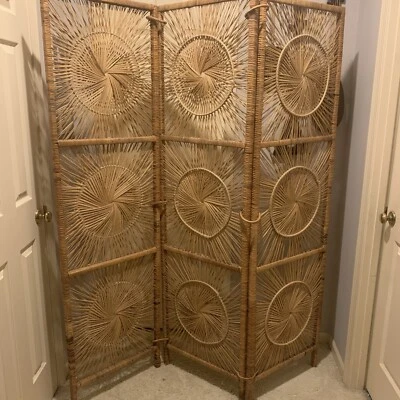 Vintage Boho Chic Mid Century Rattan Wicker Sunburst 3 Panel Room Divider Screen - Image 1 of 4