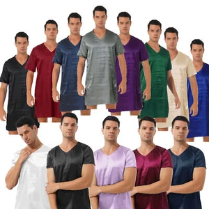 Men's T Shirt Pajamas Slim Fit Solid Color Tops Satin Shirts Blouse Nightwear - Picture 1 of 126