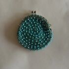 Vtg Crochet, Beaded Coin, Change Purse, Turquoise With Beads & Silver Clasp