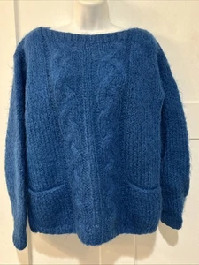 Vintage 60s Mohair Wool Cable Knit Sweater Women’s Size M Italy Teal Blue - Picture 1 of 7