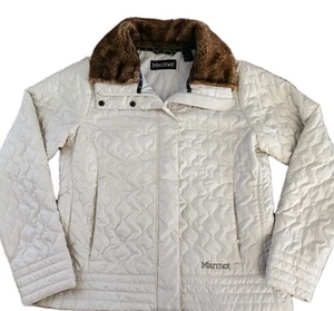 Marmot Jacket Womens Large Fur Quilted Ivory Puffy Ivory Hiking Camping Snow Ski - Picture 1 of 14