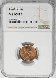 1925-D Lincoln centesimo 1c MS65RB NGC 90% rosso 950585-3 - Foto 1 di 3