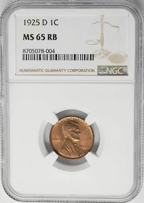 1925-D Lincoln Cent 1c MS65RB NGC 90% Red 950585-3 - Image 1 of 3