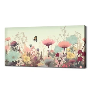 Beautiful Pastel Colour Spring Wild Flowers Field Meadow Butterfly Canvas Print - Picture 1 of 7