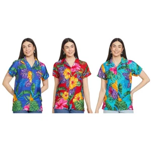 Women's Hawaiian Shirt Short Sleeve Blouse Big Hibiscus Leaf Beach Shirts - Picture 1 of 17