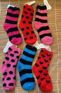 6 Little Miss Matched Socks Fuzzy Socks Don't Match Pink Red Blue - Picture 1 of 2