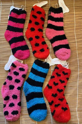 6 Little Miss Matched Socks Fuzzy Socks Don't Match Pink Red Blue - Image 1 of 2