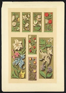 Floreale con insetti XVI secolo decorazione arte illuminazione litografia 1860 - Foto 1 di 2