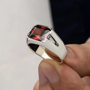 Men's Ring 925 Sterling Silver Handmade Jewelry Red Garnet Stone Size All Sizes - Picture 1 of 5