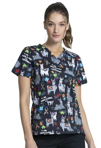 Llama Love Cherokee Scrubs Autism Awareness Genuine V Neck Top CK651 LAMV - Picture 1 of 6