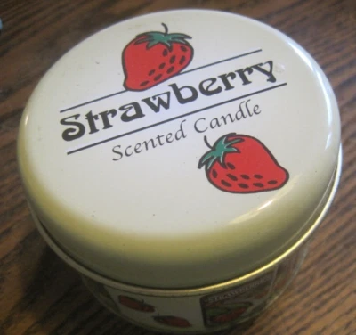 Strawberry ROUND METAL Tin w/ Lid w/STRAWBERRY SCENTED CANDLE 3"X2" SIZE - Image 1 of 4