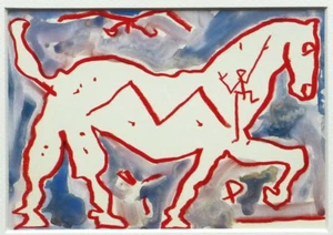 A.R. PENK-Farbige Druckgrafik  " Pferd mit links 1995"  im Passepartout - Bild 1 von 2