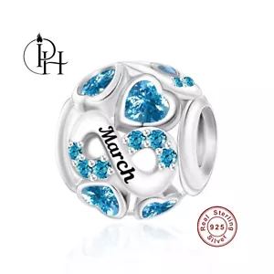 March Birthstone Charm Birthday Gift Birth Month Genuine 925 Silver Aquamarine - Picture 1 of 9