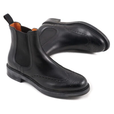 NUEVO EN CAJA $895 SANTONI Negro Cuero de becerro Punta de ala Chelsea Botines EE. UU. 7.5 Zapatos Foto 1 de 4