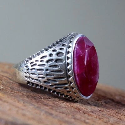 Solid 925 Sterling Silver Natural Ruby Corundum Cut Gemstone Signet Men's Ring - Image 1 of 4