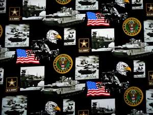Military Fabric 1 7/8 Yard US Army Flags Tanks on Black Patriotic Premium Cotton - Picture 1 of 2