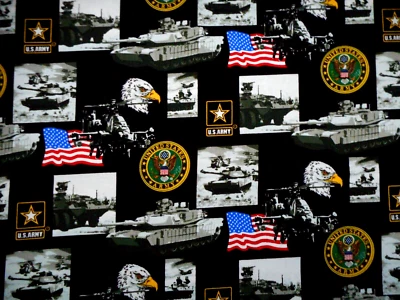 Military Fabric 1 7/8 Yard US Army Flags Tanks on Black Patriotic Premium Cotton - Image 1 of 2