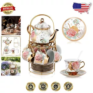 Beautiful 20-Piece Ceramic Tea Party Set - Includes Cups, Saucers & Spoons - Picture 1 of 8