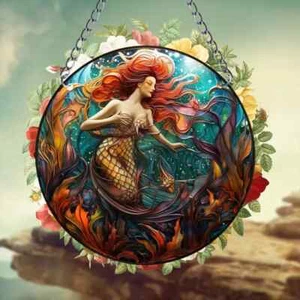 Red Hair Mermaid Suncatcher Double Sided Round Dyed Acrylic Decor - Picture 1 of 4