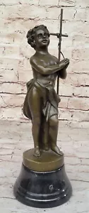 Firmado Portador Niño Desnudo Escultura de Bronce Estatua Art Deco Base Mármol Figura Arte - Imagen 1 de 10