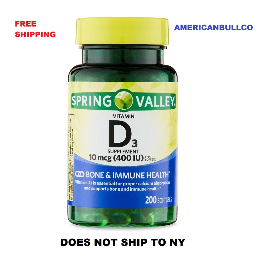Spring Valley Vitamina D3 400 UI (10 mcg), 200 cápsulas blandas - Apoyo óseo e inmunológico Foto 1 de 4
