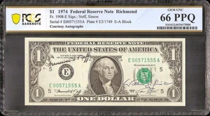 1974 $1 DUAL HAND SIGNED COURTESY AUTOGRAPHED NOTE PAPER MONEY PCGS 66 PPQ - Picture 1 of 2