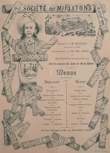Menú Société des Mirlitons Calais Amis de Saint-Hubert 1891 - Imagen 1 de 2