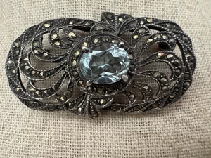 Vintage Ornate Sterling Silver Aquamarine Marcasite Brooch 4.2cm Art Deco - Picture 1 of 9