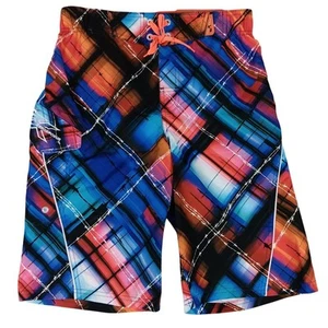 ZeroXposur Swim Trunks Boys Large 14-16 Red/Blue Pattern Drawstring Lined UPF50+ - Picture 1 of 12